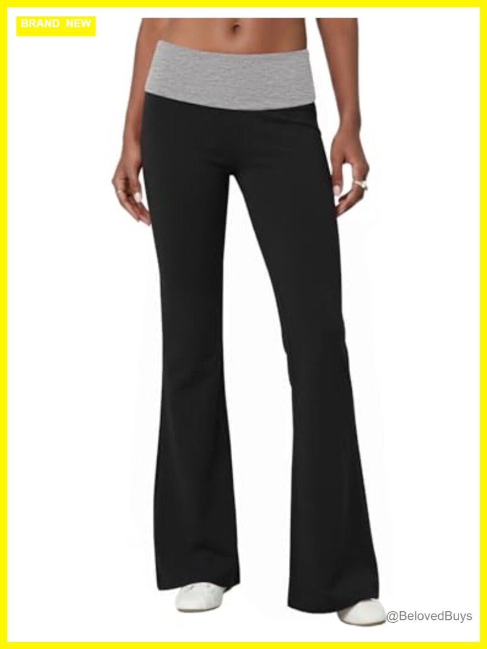 Fold Over Flare Leggings Yoga Pants Low Rise Ankle Length Stretch Pull On